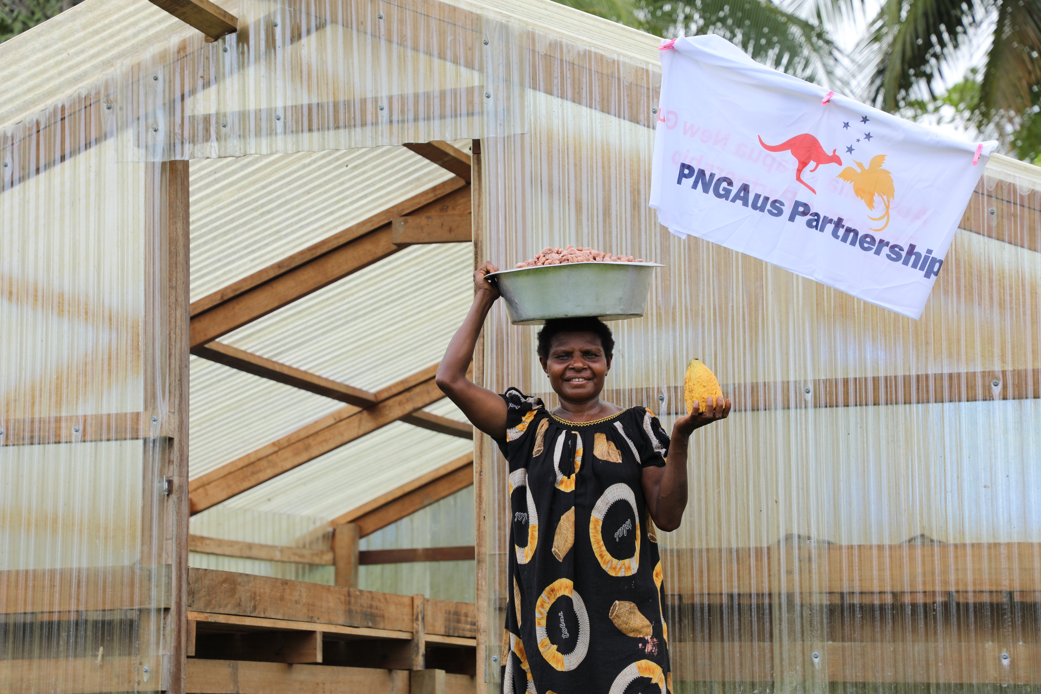 woman standing in front of PNG Aus Partnership sign